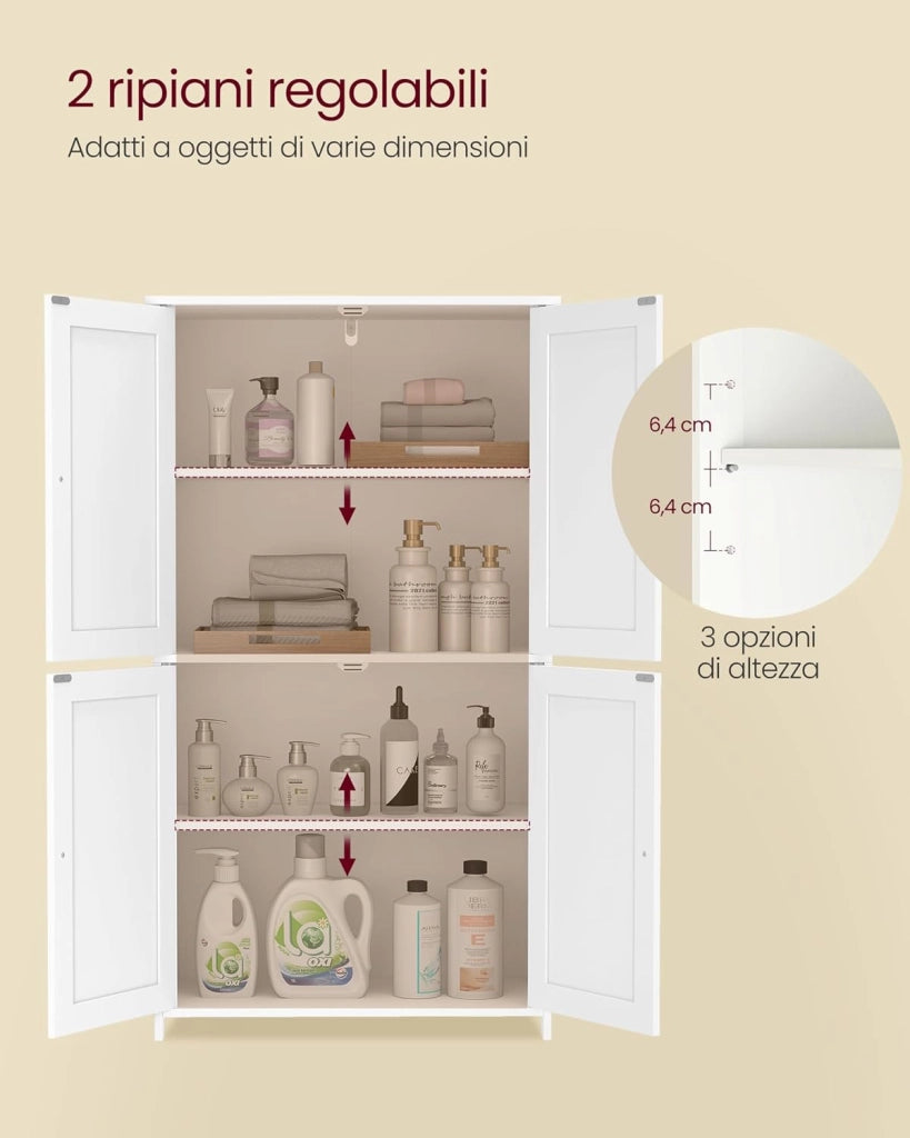 VASAGLE Mobiletto da Bagno, Armadietto con 2 Ripiani Regolabili, Portaoggetti con 4 Ante, Unità Alta Autoportante, per Cucina, Bianco Nuvola BBC553WH01