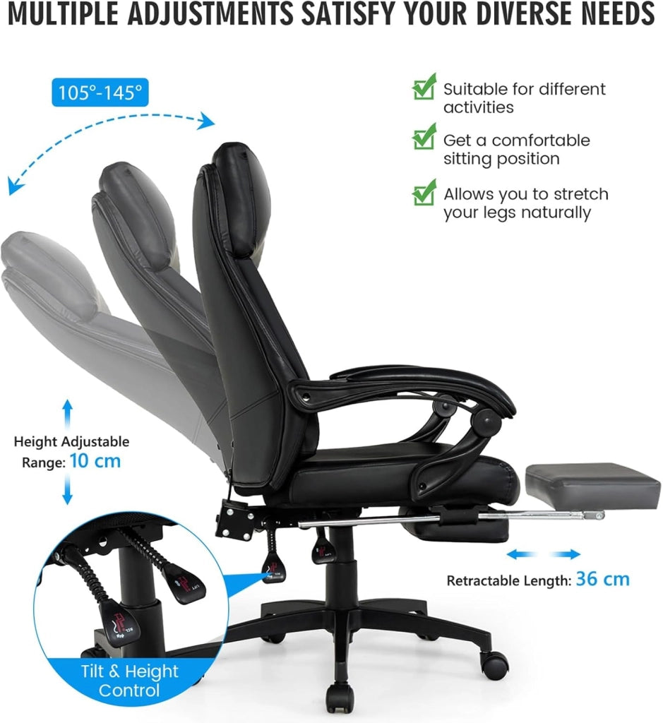 Sedia direzionale da ufficio, regolabile in altezza, girevole con poggiatesta e poggiapiedi retrattile, sedia da scrivania ergonomica con schienale regolabile, sedia da gioco, in ecopelle