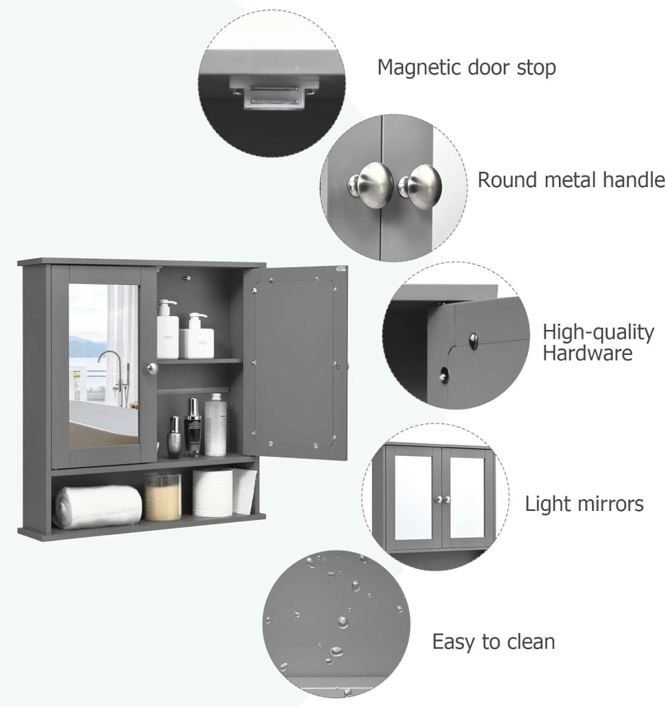 Armadietto Bagno a Parete, Mobiletto Pensile in Legno con 2 Ante di Specchio, 3 Ripiani di Stoccaggio, 3 Colori Disponibili, 56x13x58cm