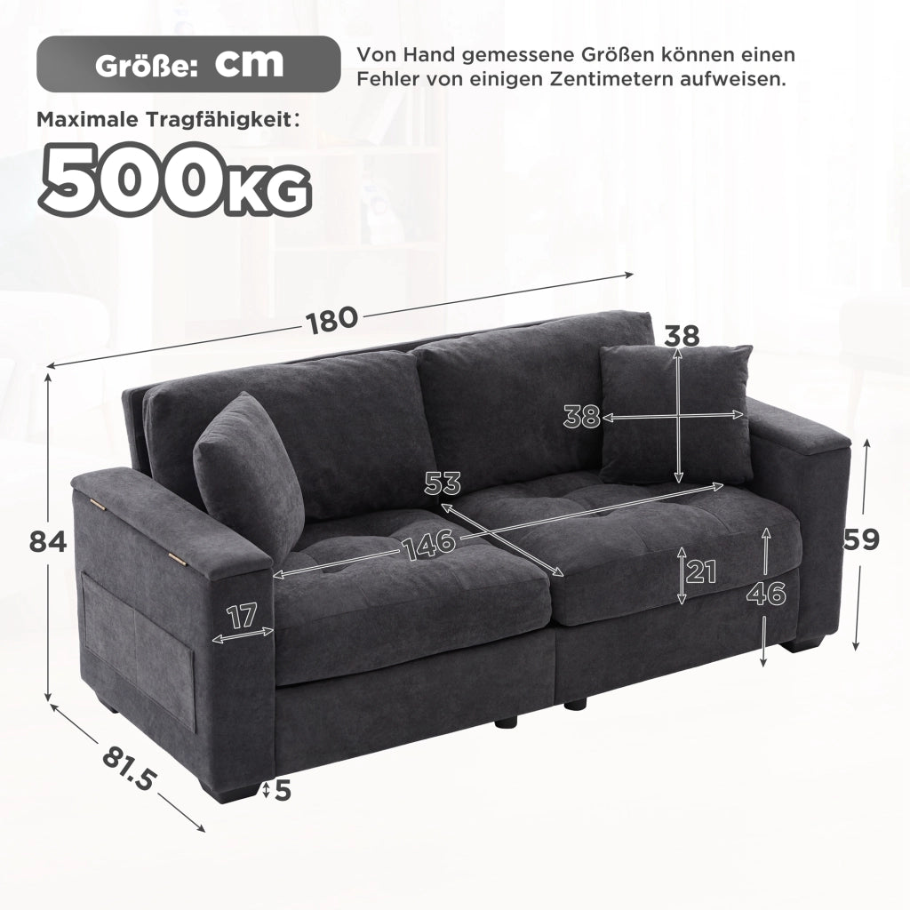 DIVANO 2 POSTI In Chenille Grigio Scuro con contenitore nei braccioli e 2 cuscini