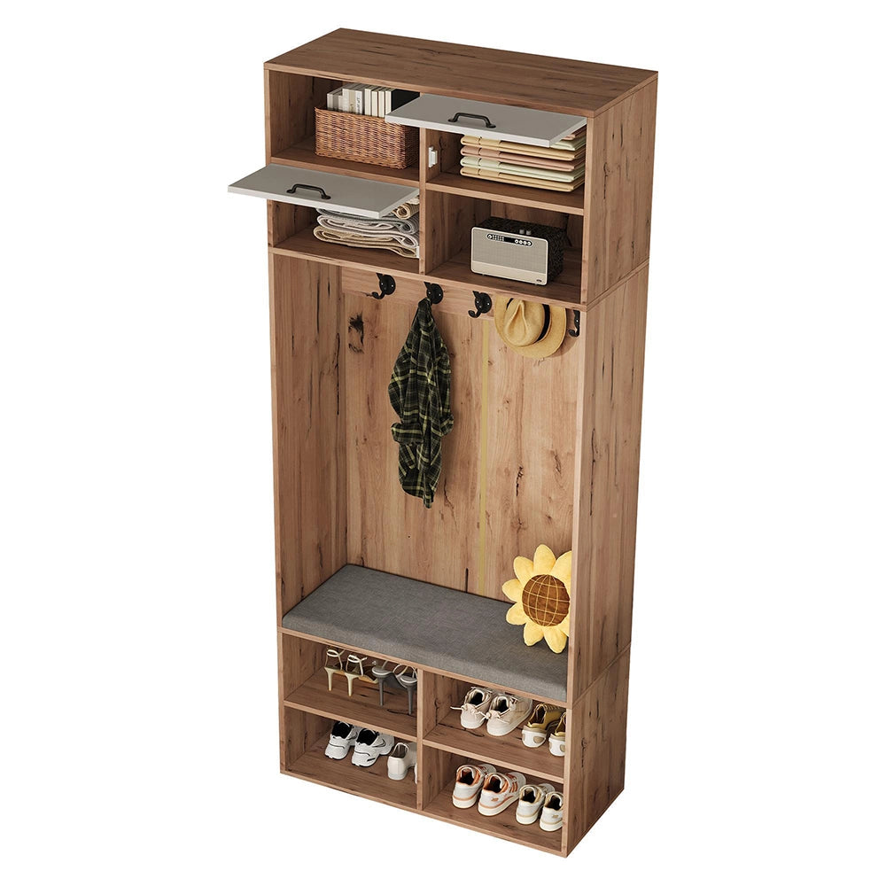 Set vestiario completo con panchina - Xylo - 5 ganci, 2 ante, 6 ripiani aperti, 80x185x35 cm, naturale e bianco