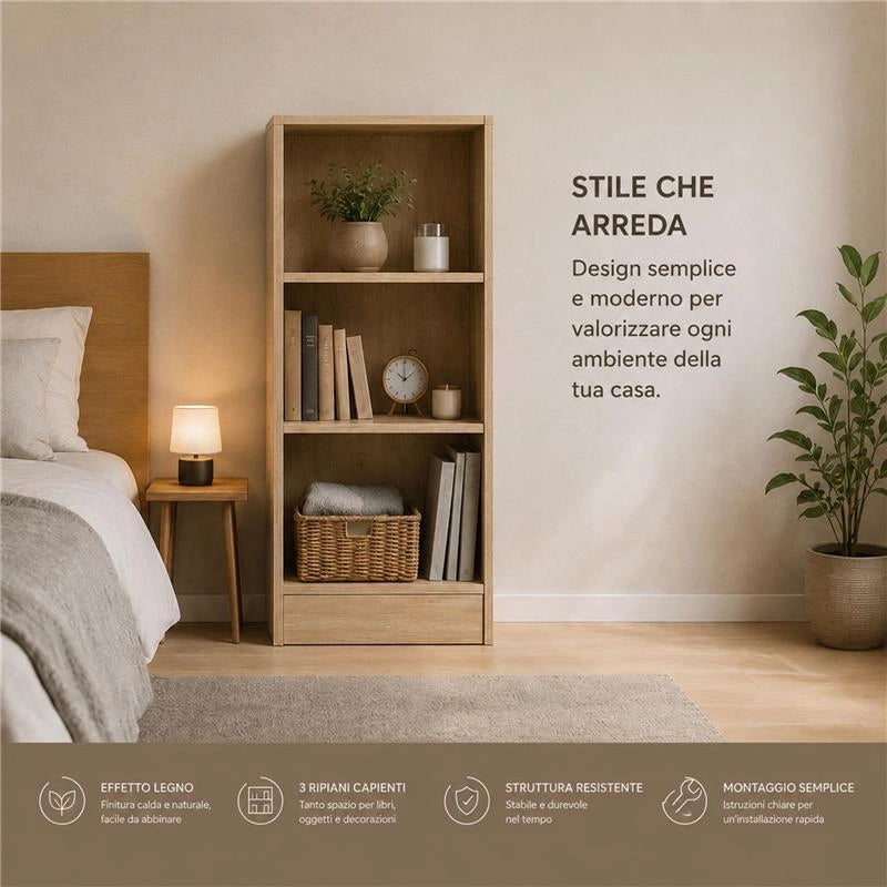 LIBRERIA IN LEGNO CON 3 RIPIANI COLORE ROVERE DIMENSIONI 60X24X120 CM