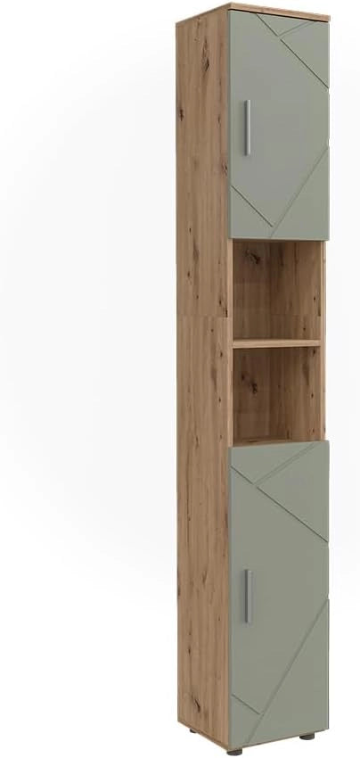 Armadio per il bagno Irma, Verde salvia, 30 x 192 cm, Ampio spazio di archiviazione dall'alto verso il basso, ideale per asciugamani e prodotti per la cura