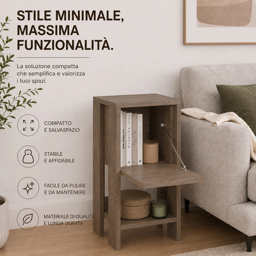 Comodino Mobiletto 2 Ripiani con Anta Ribalta Tavolino Design Moderno Rovere