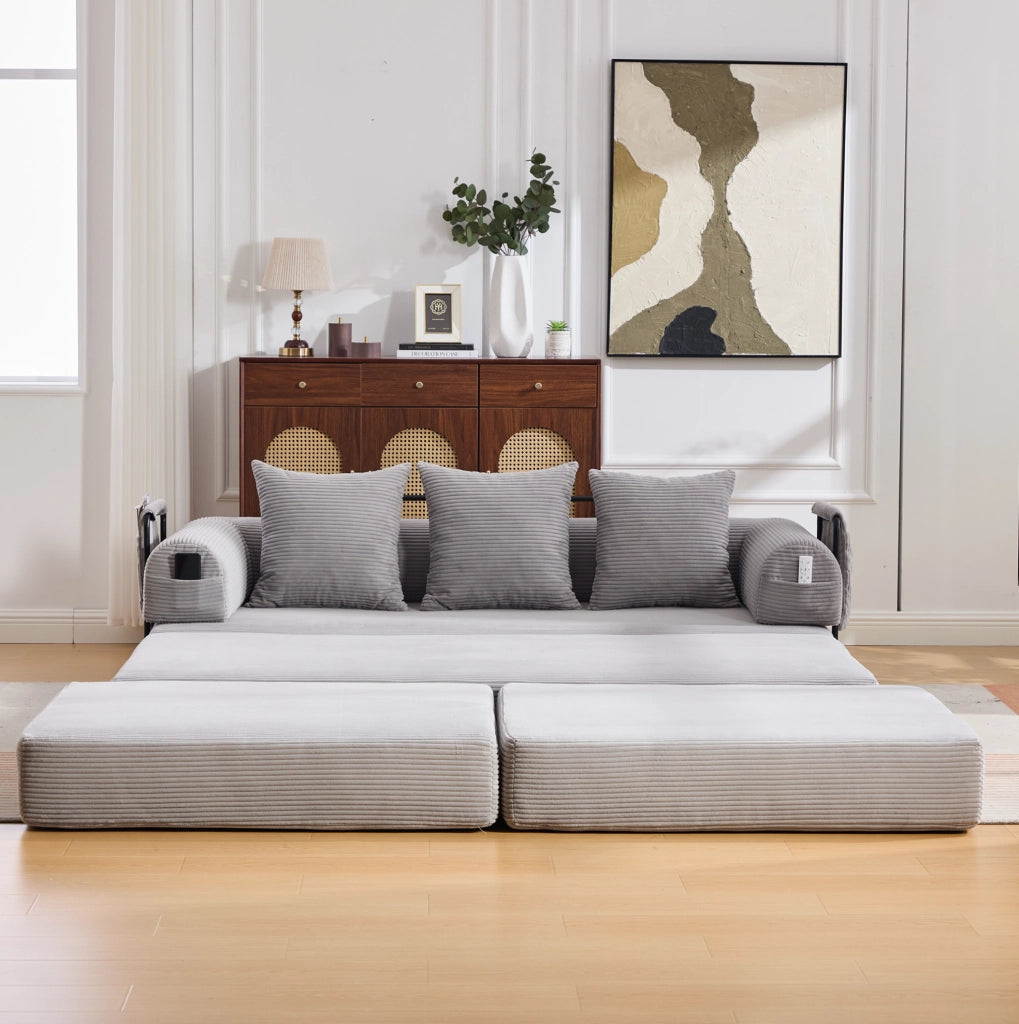 Divano modulare 200x190x67 cm in velluto a coste grigio chiaro con pouf –