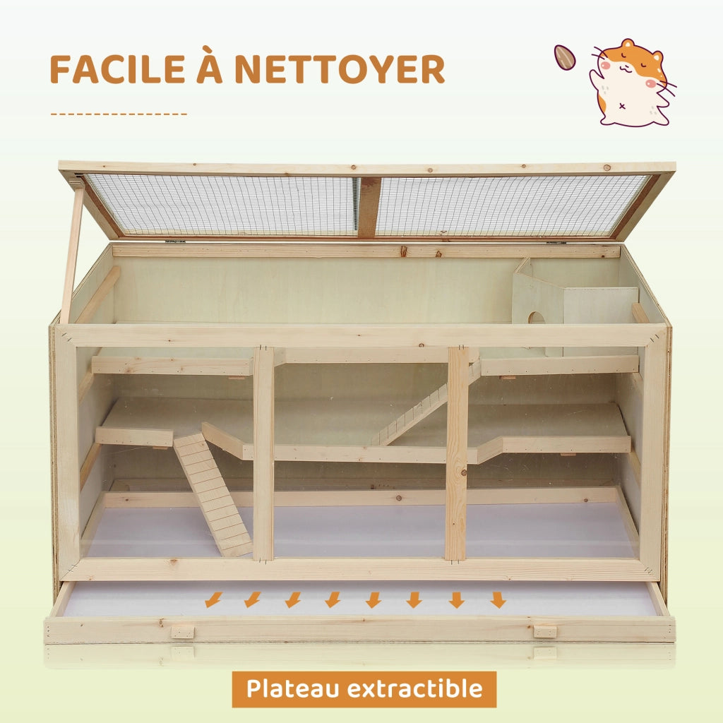 Gabbia per Criceti 2 Piani con Tetto Apribile e Finestre ¨C Minimal ¨C 115x57x55 cm Effetto Legno Naturale