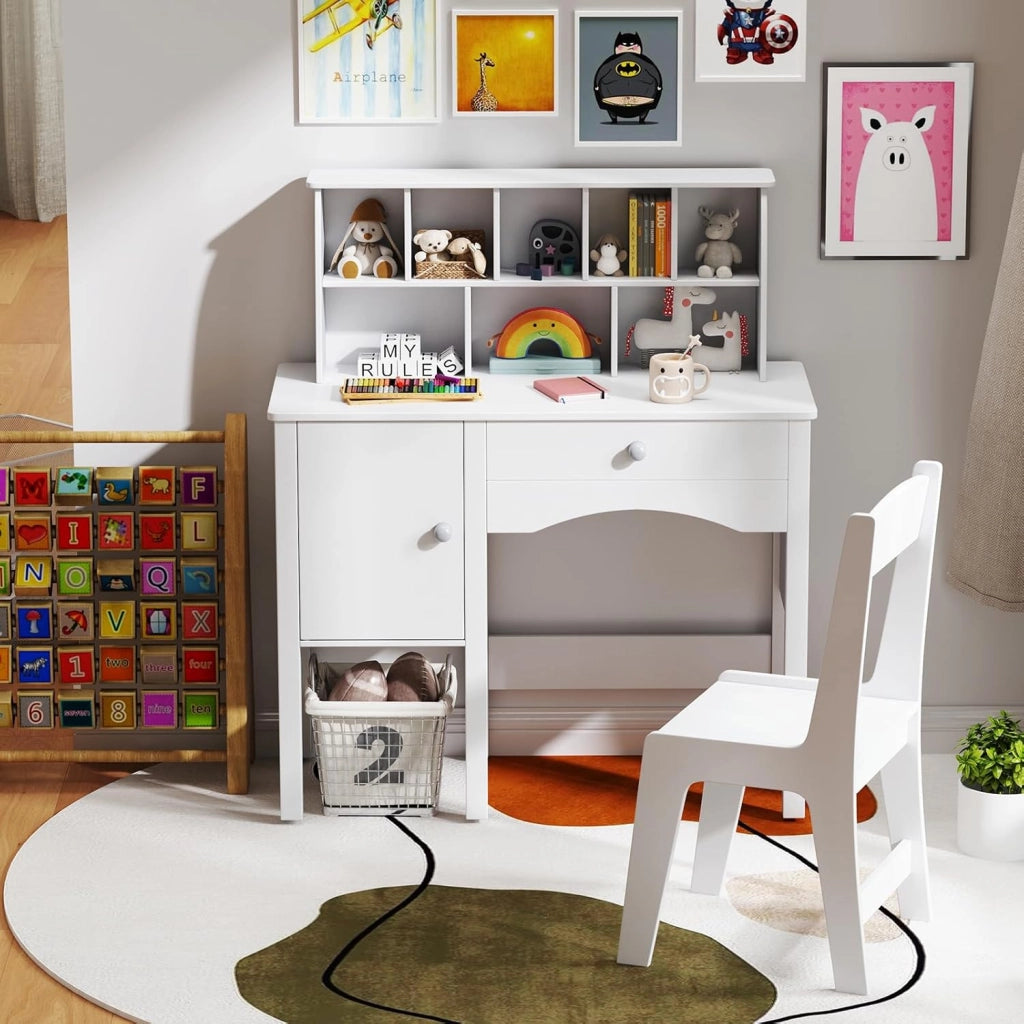 Set Scrivania e Sedia per Bambini in Legno, Tavolo e Sedia per Cameretta con Cassetto, Ripiano e Armadietto, Scrivania per Bambini Età 3+ Anni per Computer