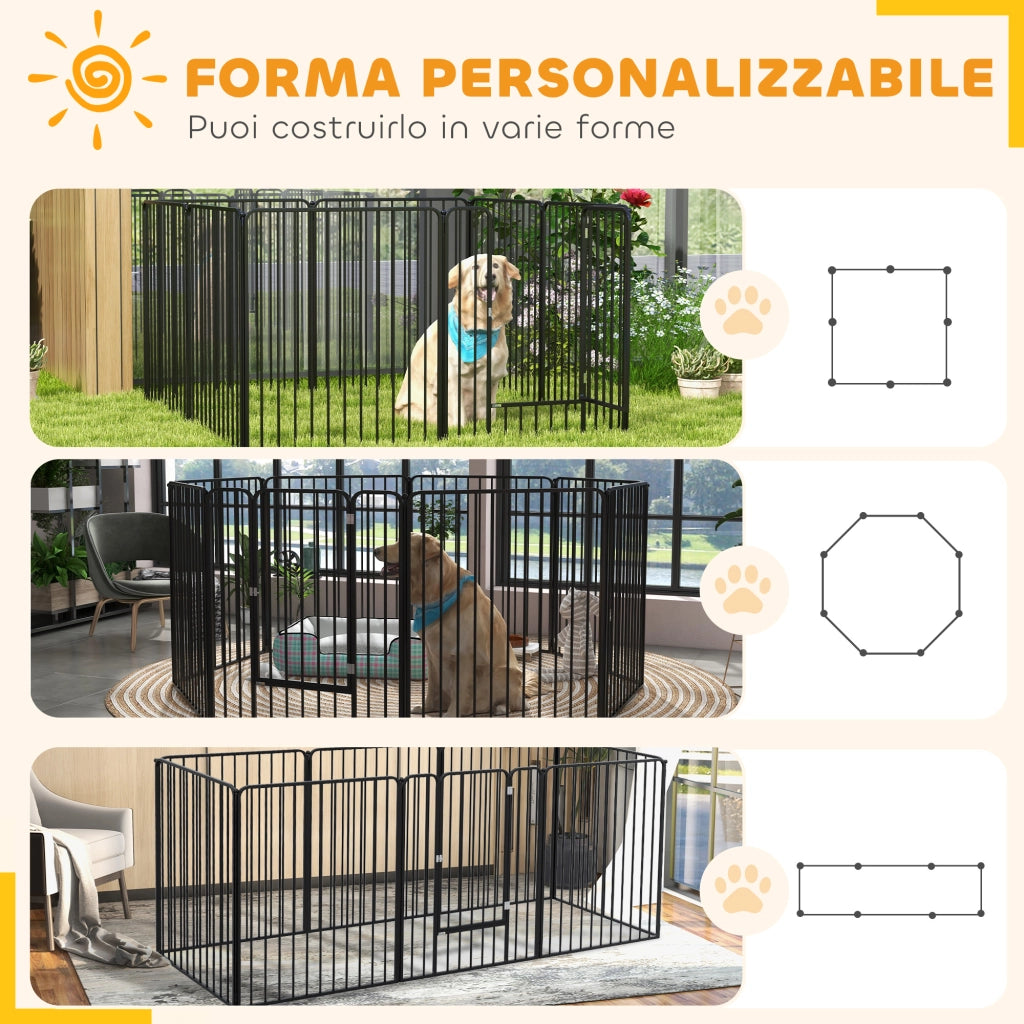 Box per Cani a 8 Pannelli Modulabili 164x164x100 cm da Interno ed Esterno con 9 Picchetti in Acciaio Nero