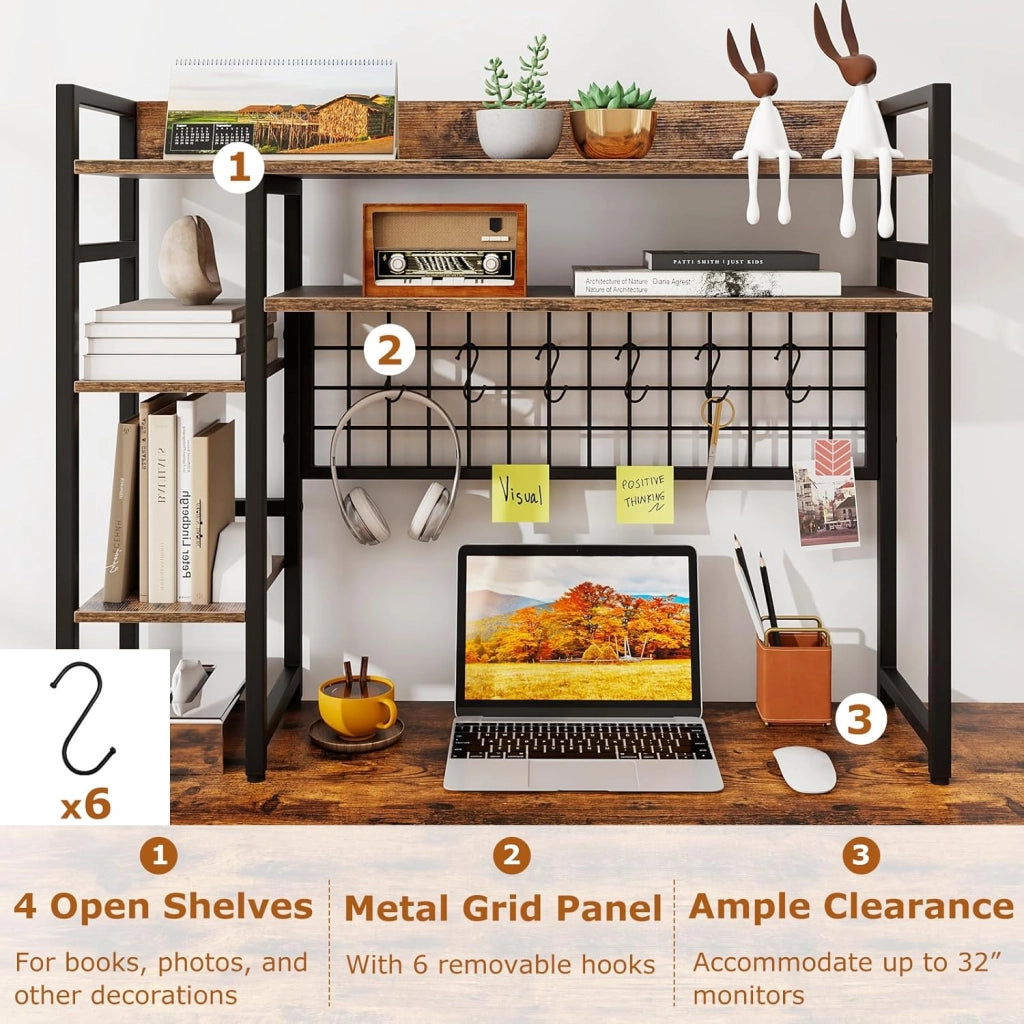 Mensola da Scrivania, Scaffale Espositivo a 4 Ripiani con Pannello a Griglia Metallica e 6 Ganci, Organizzatore da Scrivania per Computer, per Ufficio Casa Dormitorio, 94x25x73,5 cm (Marrone)