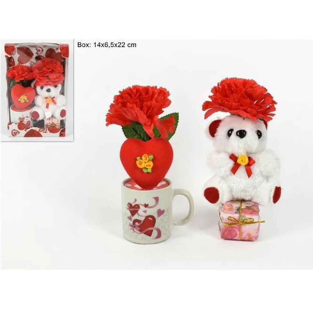 Trade Shop - Tazzina Con Peluche Orsetto Idea Regalo San Valentino Con Fiori Cuore Confezione -