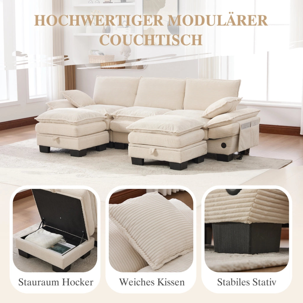 Divano modulare 3 posti con 2 pouf; USB-C e tasche laterali in velluto a coste beige