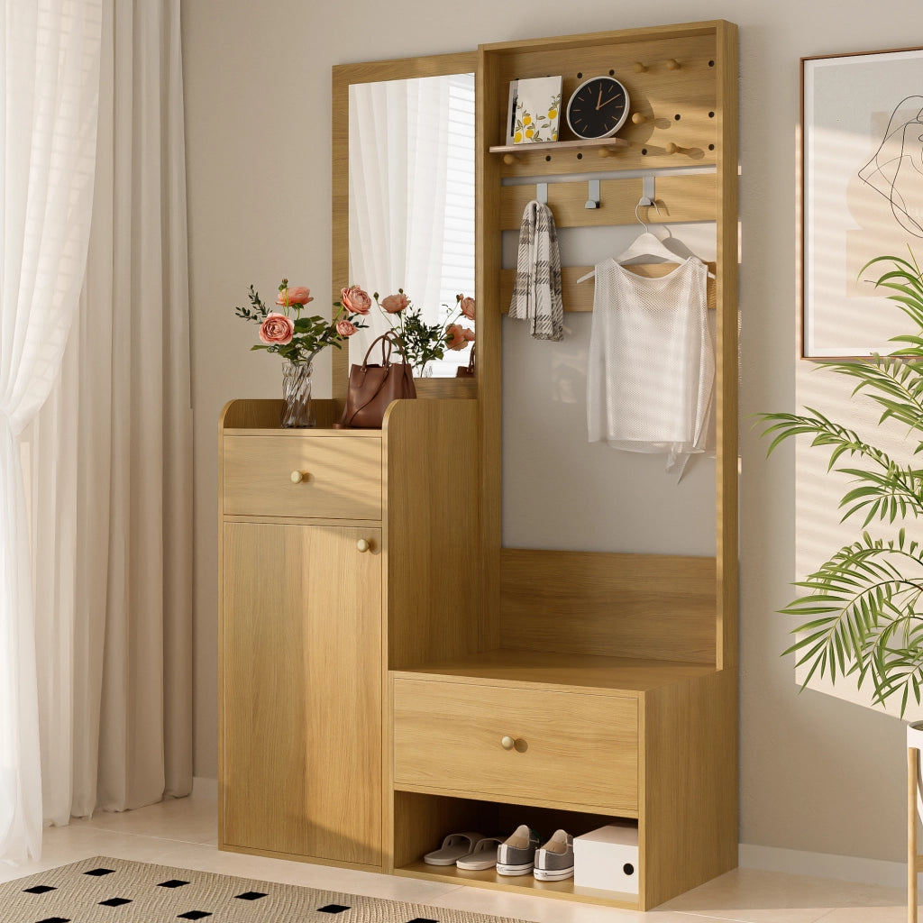 Mobile Ingresso con 2 Cassetti; 1 Armadio e Ripiani; con Specchio e Ganci Regolabili; Stile Moderno; in Pannello truciolare; Legno; 105??38??180 cm