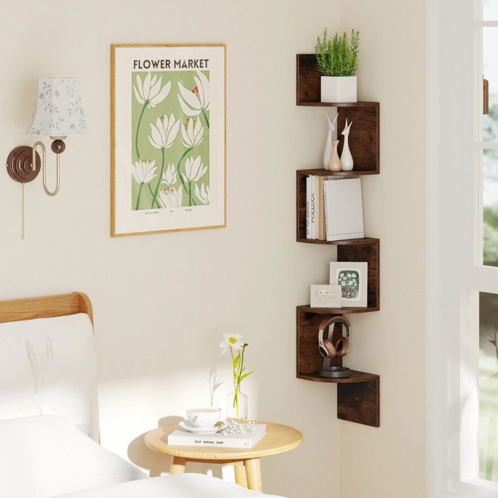 Scaffale sospeso a muro organizzatore di stoccaggio a parete, Scaffale angolare a 5 livelli espositore in legno per soggiorno Marrone