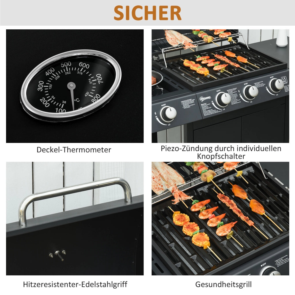 Barbecue a Gas 3 Bruciatori Principali + 1 Laterale ¨C Xylo ¨C Acciaio Inox Nero 110x50x100