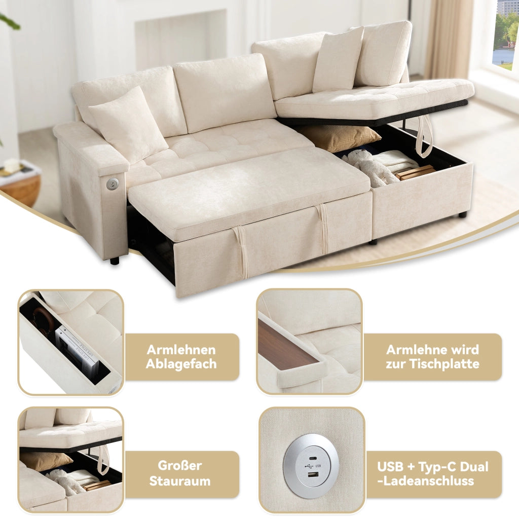 DIVANO LETTO angolare destro 209x130 cm in Chenille Beige con contenitore e USB
