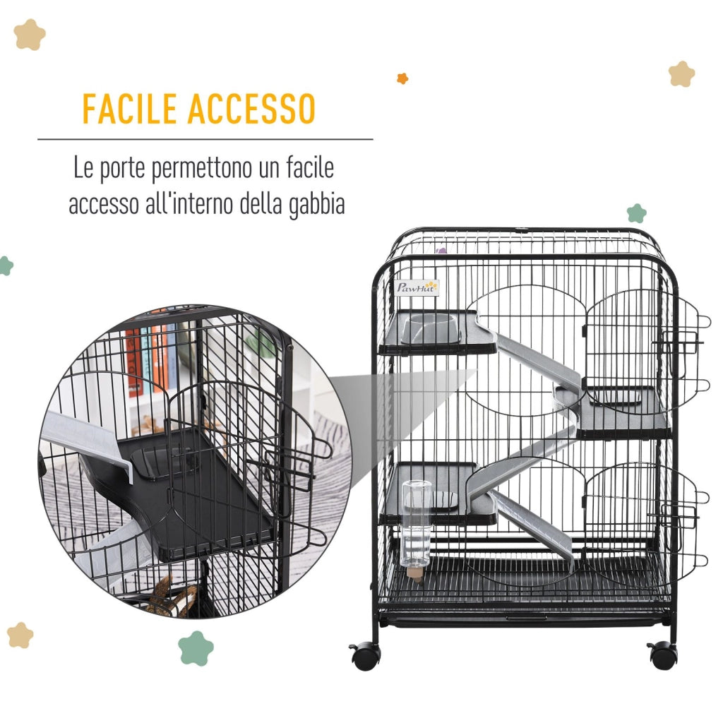 EasyComfort Gabbia per Piccoli Animali e Piccoli Roditori con Ruote, Gabbietta per Conigli e Cincillà con 3 Rampe e 3 Piattaforme, Ciotola e Bottiglia, 61.5x44x95 cm, Nero