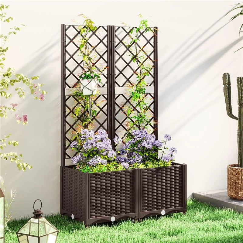 FIORIERA RIALZATA CON TRALICCIO PER RAMPICANTI E 8 FORI DI DRENAGGIO IN PP 80X40X135 CM MARRONE