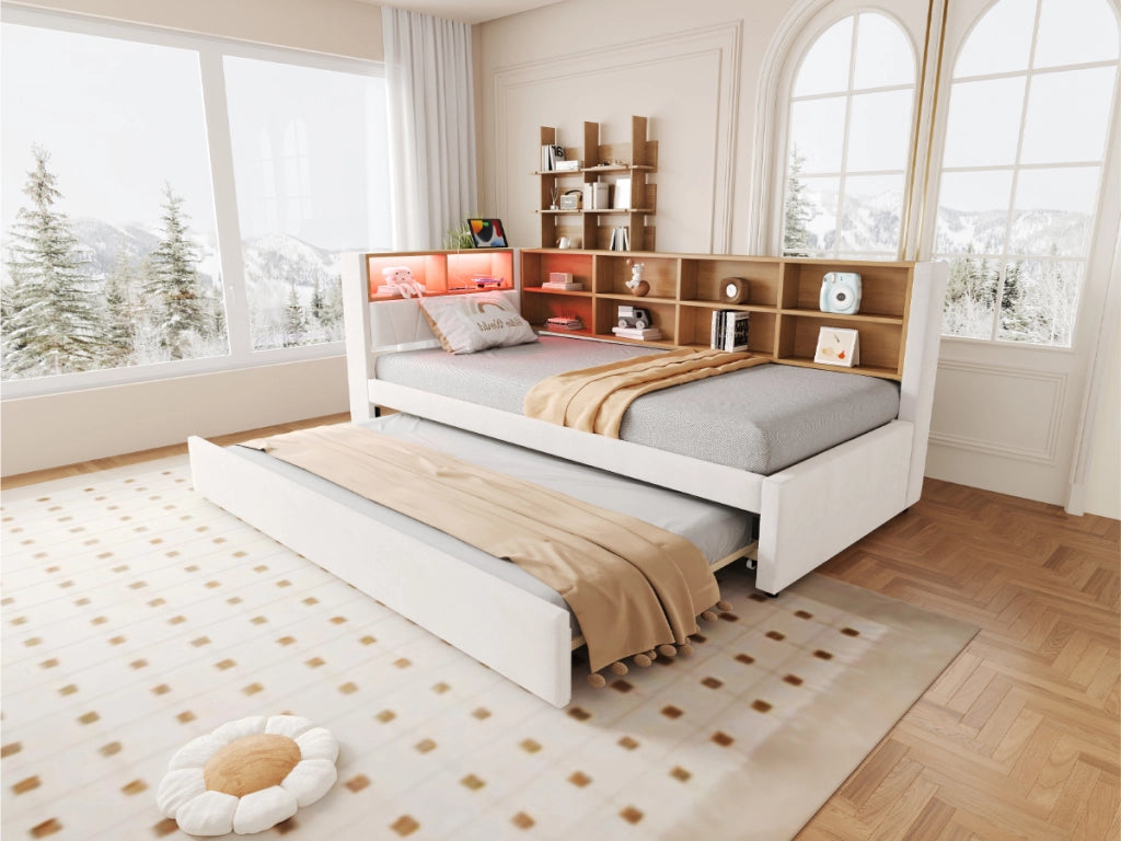 DESMIU Letto estraibile 90 × 200 cm e 90 × 190 cm 2 posti con LED, USB, Type-C e vani, senza materasso, beige
