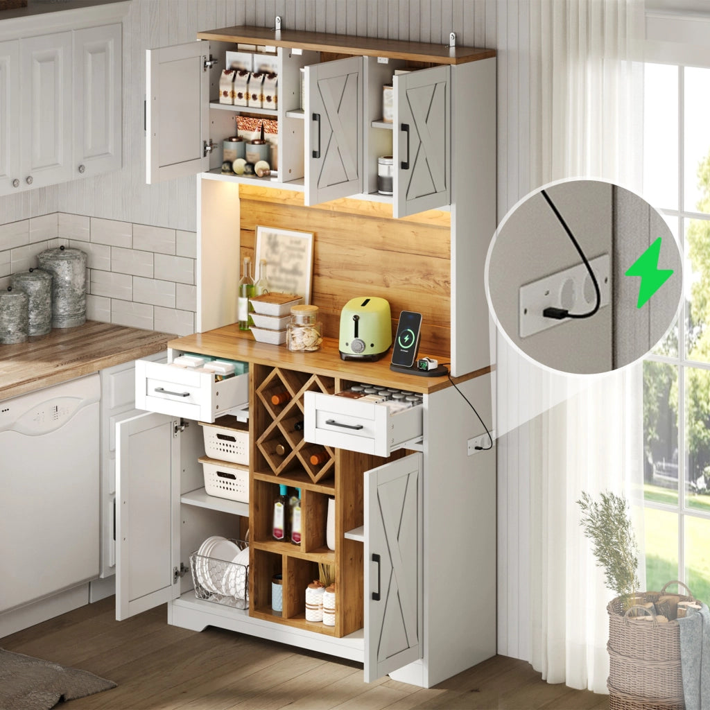Credenza alta con 2 cassetti e LED - per cucina - 105×40×180 cm - naturale e bianco