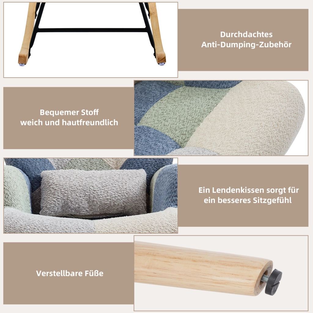 Poltrona a dondolo con pouf e schienale rimovibile in tessuto con struttura in ferro beige e blu 122 × 68 × 91 cm