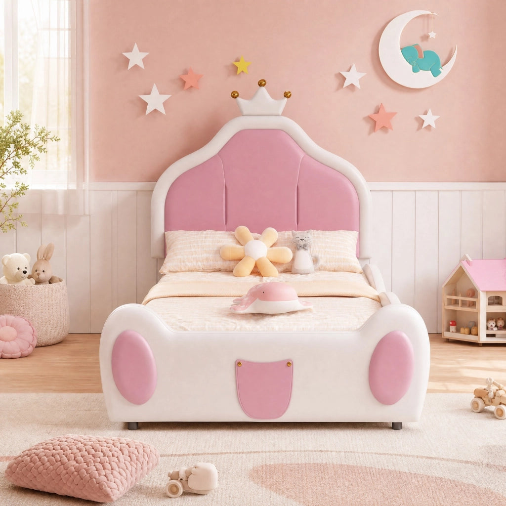 Letto per bambini imbottito 90x200 cm con testiera a corona; bianco e rosa in similpelle