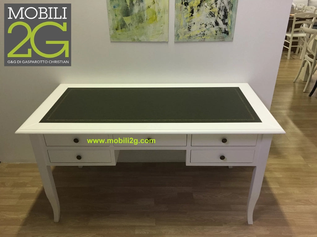 Scrivania arte povera inserto ecopelle legno bianco 150x75x81 - Mobili 2G