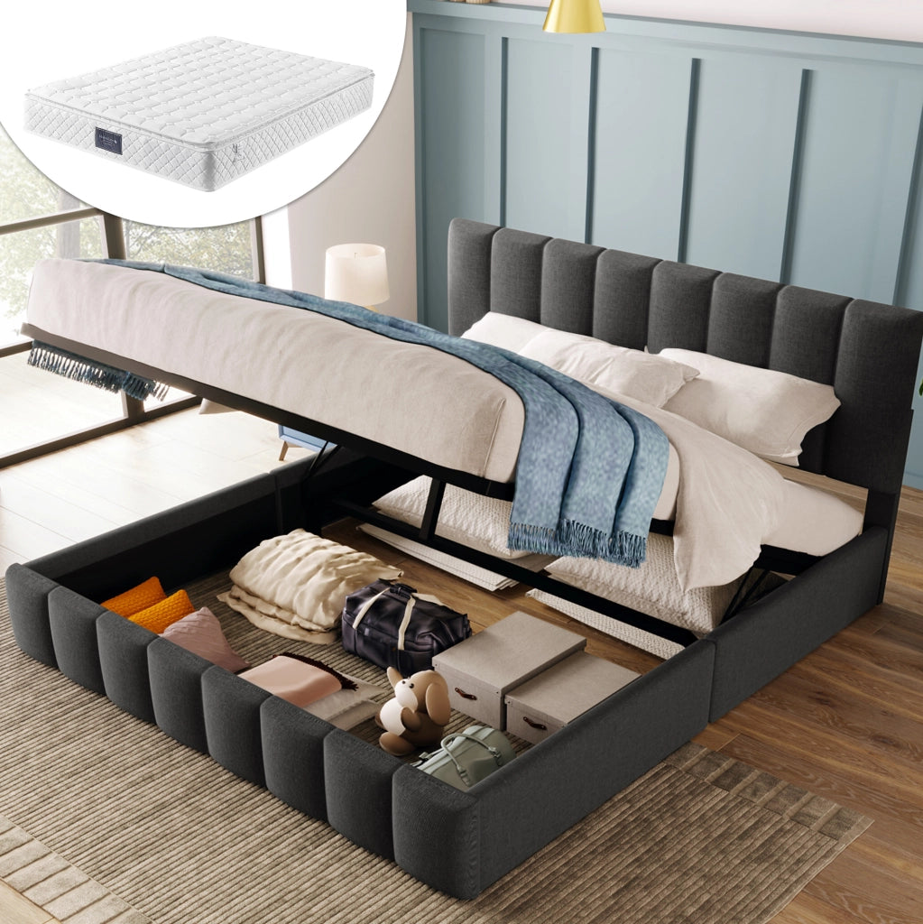 Letto matrimoniale contenitore 140x200 cm con materasso, grigio