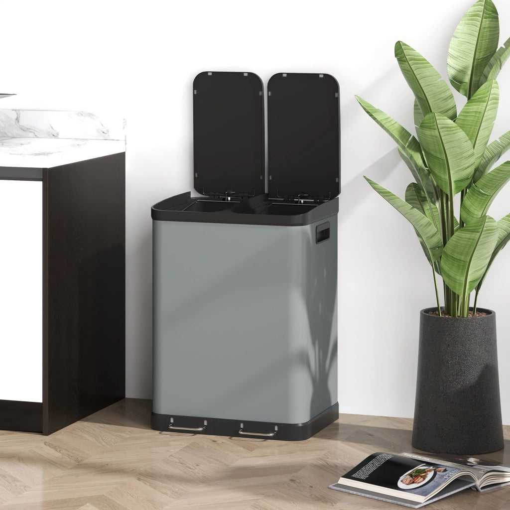 Bidone raccolta differenziata a pedale 2 x 30 L in metallo, grigio, con secchi interni estraibili e chiusura soft-close
