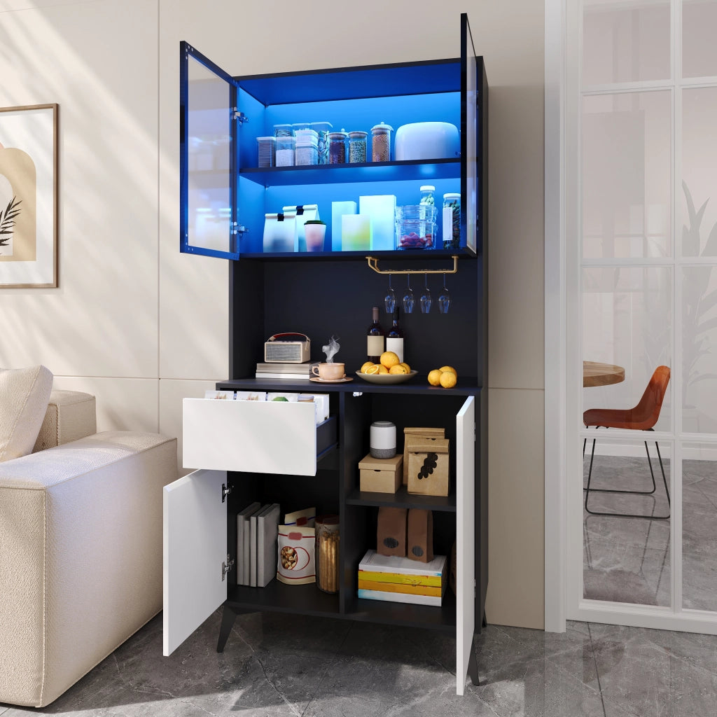 Credenza alta con 2 ante in vetro, LED da app, 1 cassetto e 2 vani, per cucina e soggiorno, MDF, nero e bianco
