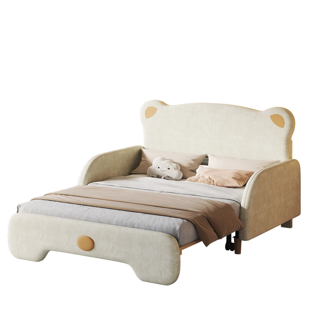 Letto matrimoniale 205x149x106.5 cm con sponde morbide; rete a doghe in legno; velluto beige