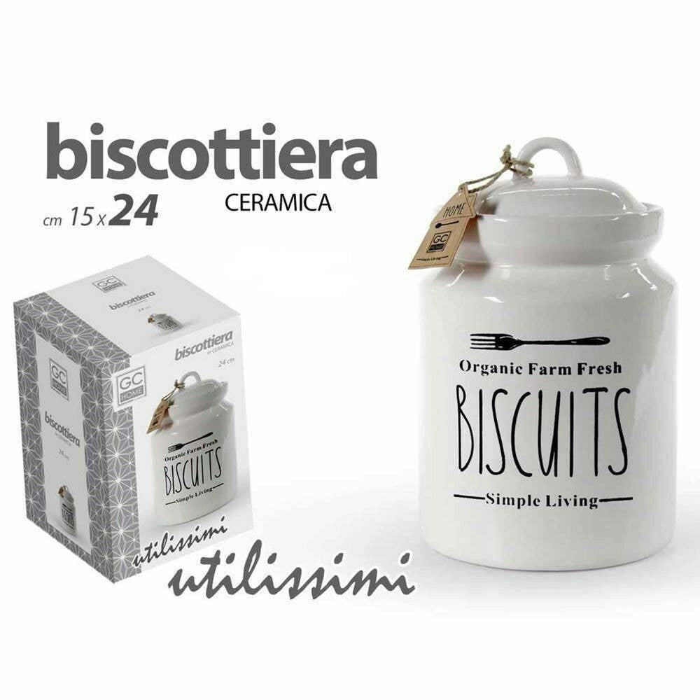 Trade Shop - Biscottiera Barattolo Per Biscotti Muffin Dolci In Ceramica Bianca Con Scritte -