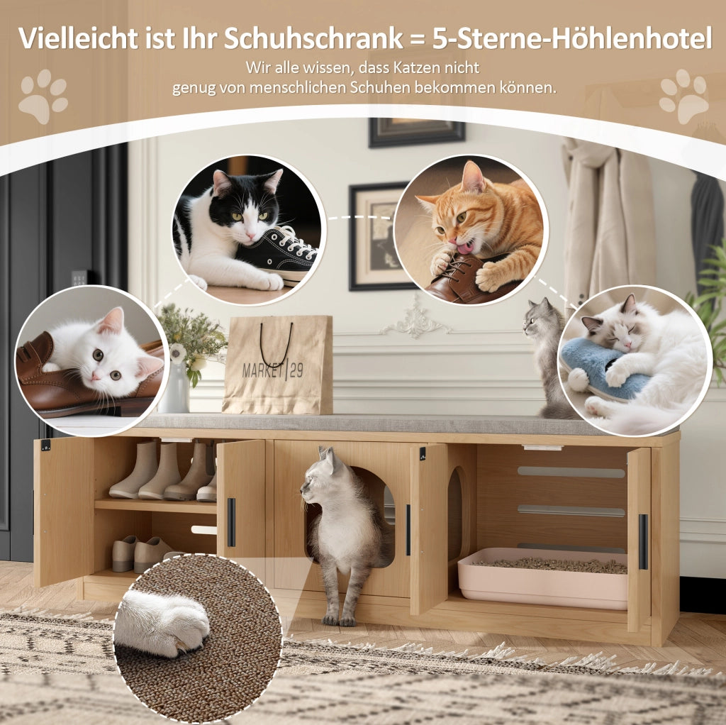 Mobile multifunzione 4 in 1 per gatti e scarpe 140x40x45;5 cm in finitura rovere