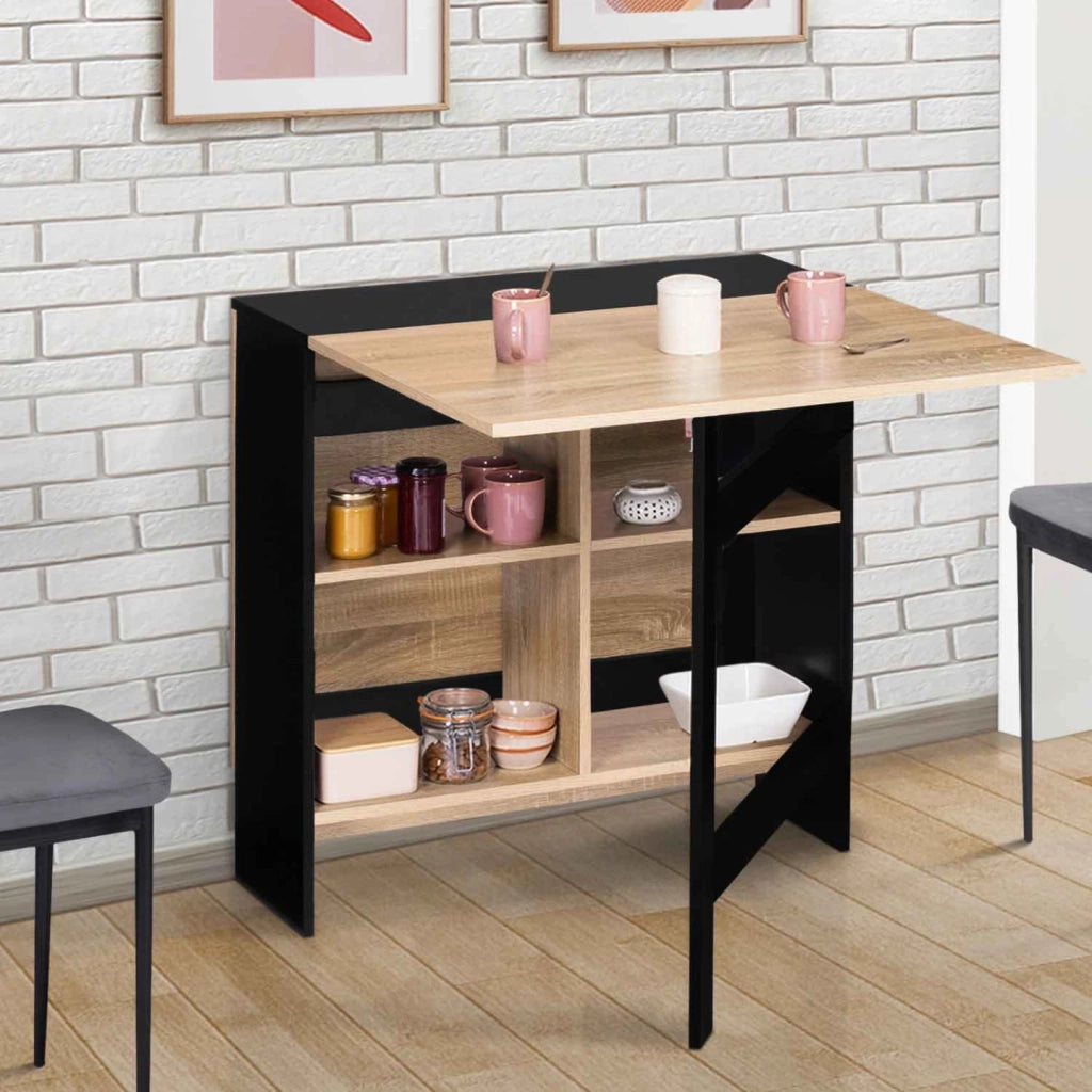 IDMarket - EDI Consolle pieghevole per 2-6 persone con contenitore in legno nero e piano in faggio 150 x 80 cm
