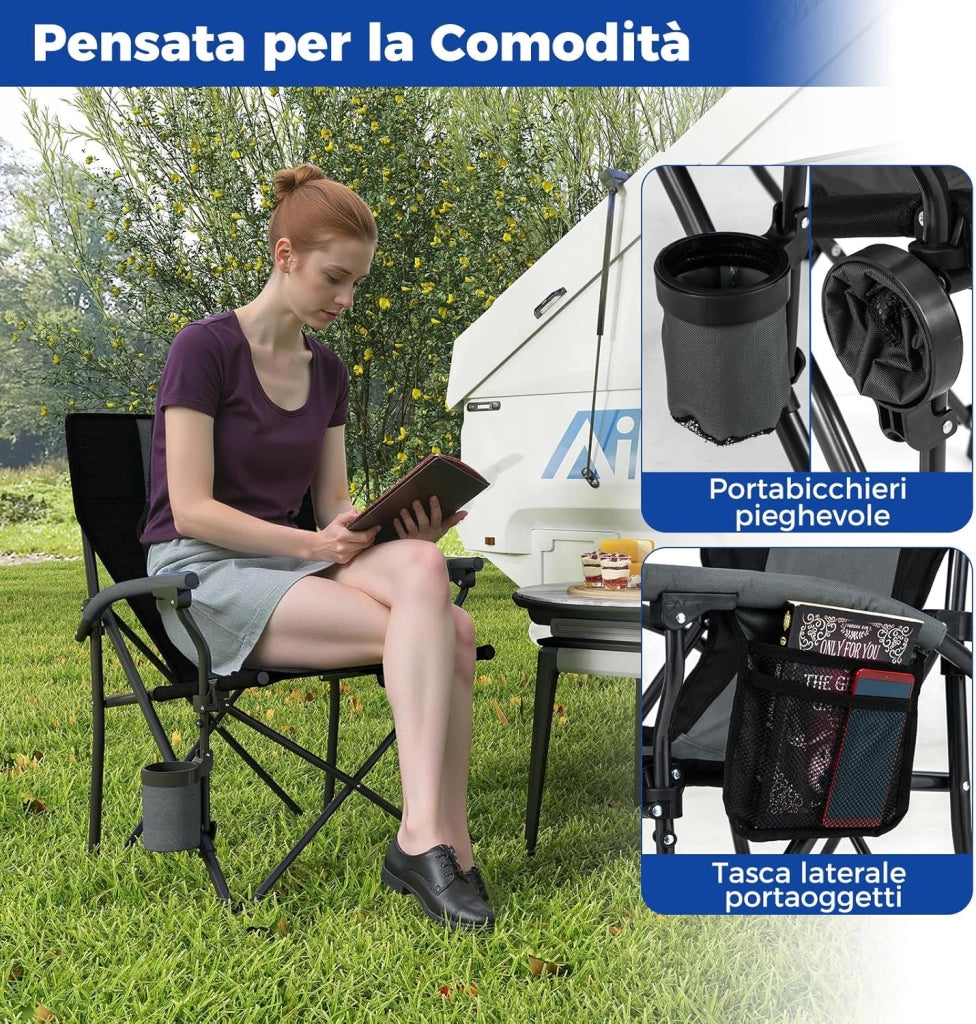 Sedia da Campeggio Portatile, Sedia da Esterno Pieghevole in Tessuto Oxford con Porta Bicchiere e Tasca Laterale, Seduta in Metallo Resistente con Sacca di Trasporto, Portata 160 kg (Nero,2)