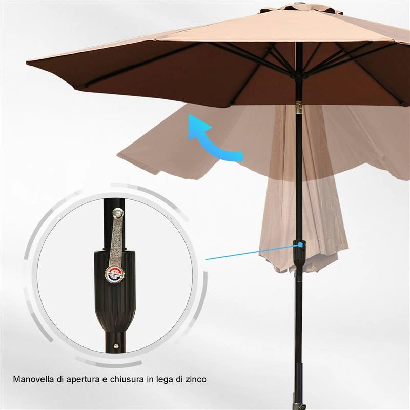OMBRELLONE DA GIARDINO CON MANOVELLA E TESTA INCLINABILE 300 X 245 CM CAFFÈ