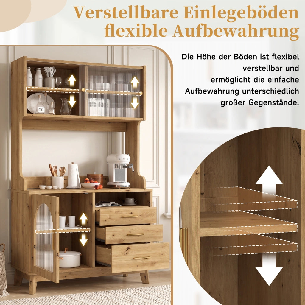Credenza alta con prese e porte USB, frontale in acrilico a onde, per cucina, in truciolare, legno, 100,5 × 40 × 178 cm