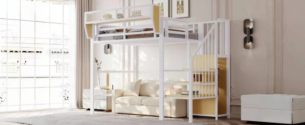 DESMIU Letto a soppalco Letto singolo 90 × 200 cm 1 posto con scala di sicurezza e ripiano removibile, senza materasso