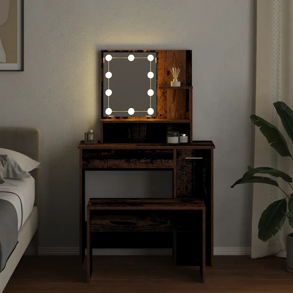Set Tavolo da Toeletta | Tavolo da Trucco con LED Legno Antico Legno Multistrato