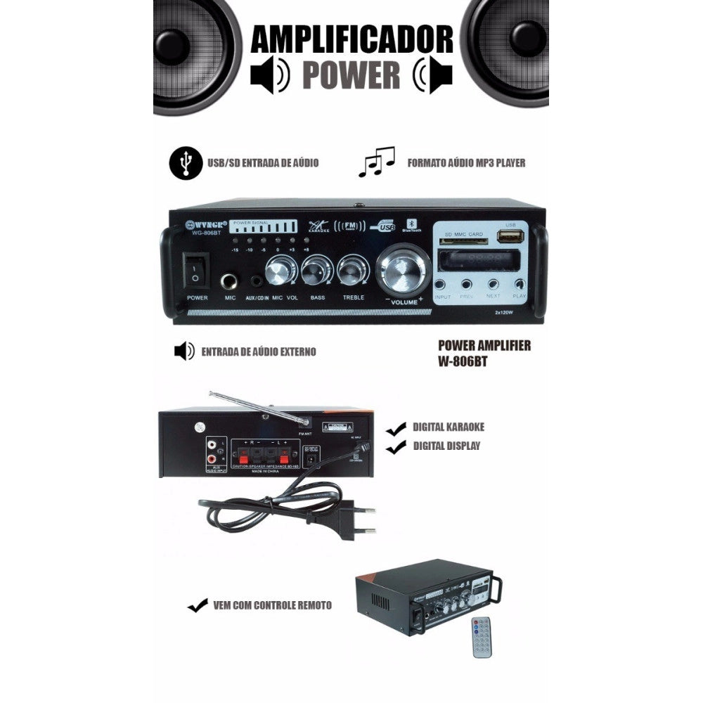 Trade Shop - Amplificatore Audio Stereo 2 Canali Bluetooth Microfono Usb Sd Mp3 Karaoke 806bt -