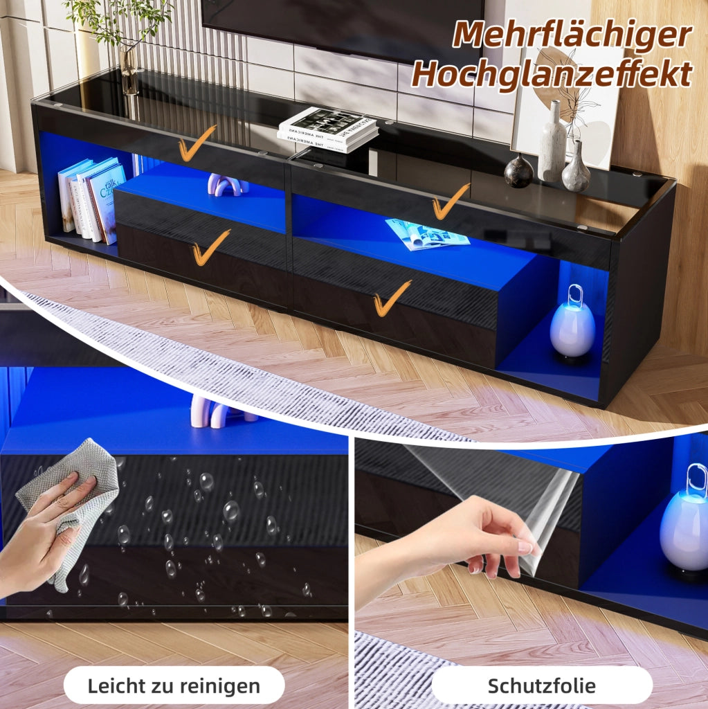 Mobile TV nero lucido con LED, 2 cassetti e piano in vetro temperato