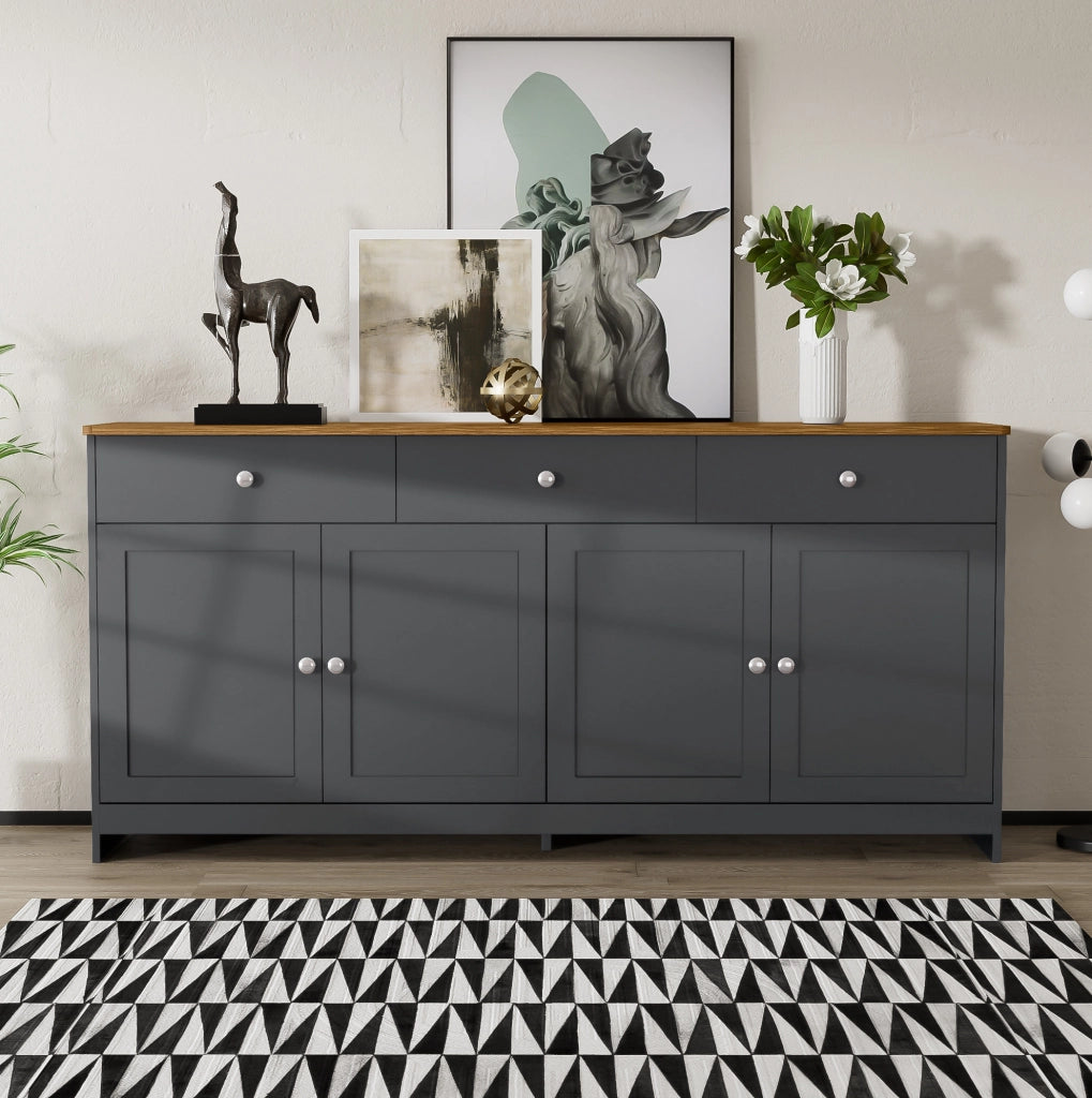 Credenza in MDF; 4 ante; 3 cassetti; ripiani regolabili; 160 x 37 x 75 cm; nero e grigio