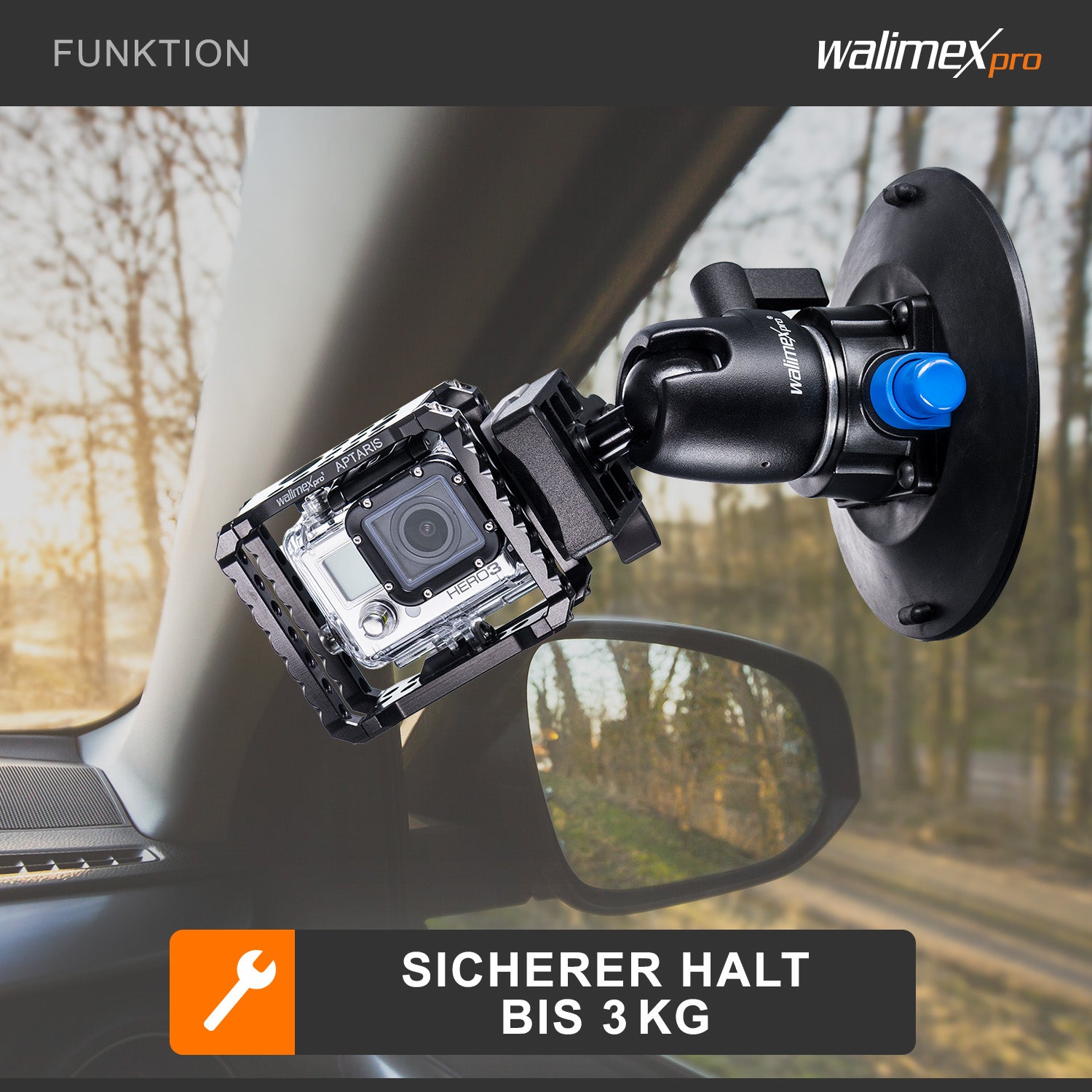 Walimex Pro treppiede a ventosa incl. testa a sfera per fotocamere di sistema e DSLR, 20317, nero, blu