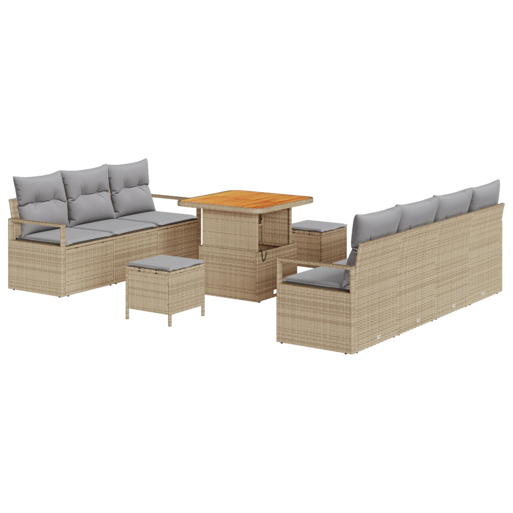 Set Divano da Giardino di 10 Pezzi con Cuscini Beige in Rattan Sintetico e Acacia