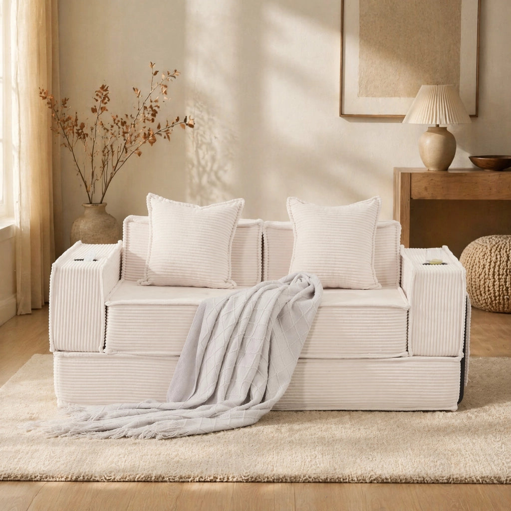 Pouf divano modulare in tessuto effetto corduroy beige, con 2 cuscini e tasche laterali, seduta bassa per relax