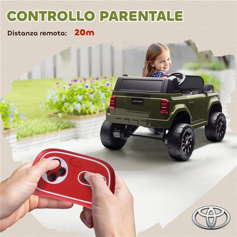 AUTO ELETTRICA PER BAMBINI TOYOTA LAND CRUISER 12V CON TELECOMANDO, ETÀ 3-8 ANNI, VERDE