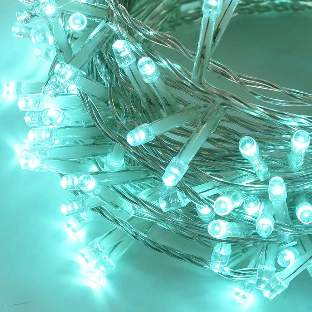 CATENA LED 500 LUCI VERDE ACQUA CAVO TRASPARENTE 25 METRI 8 GIOCHI DI LUCE - IP44 PER INTERNI ED ESTERNI