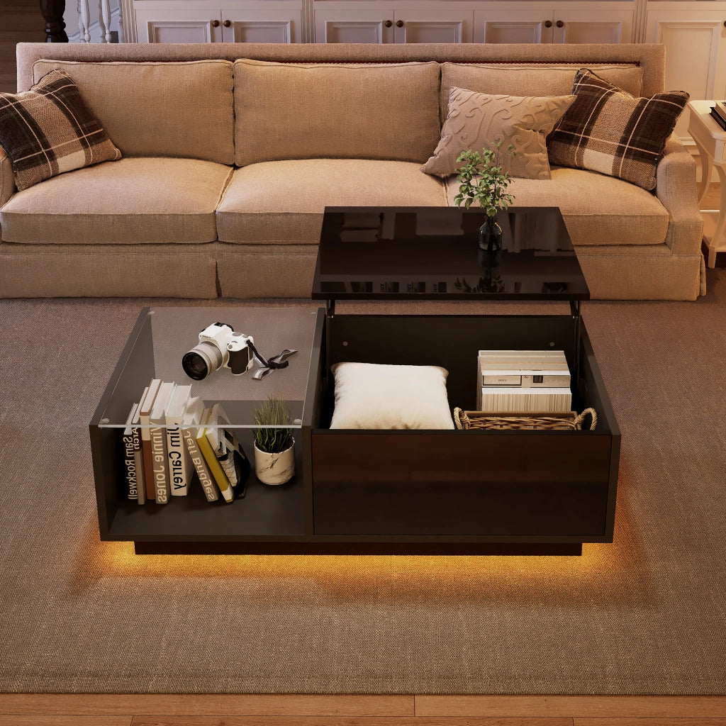 Tavolino da salotto 100x50x33 cm; piano sollevabile con LED APP e vano nascosto; truciolare nero