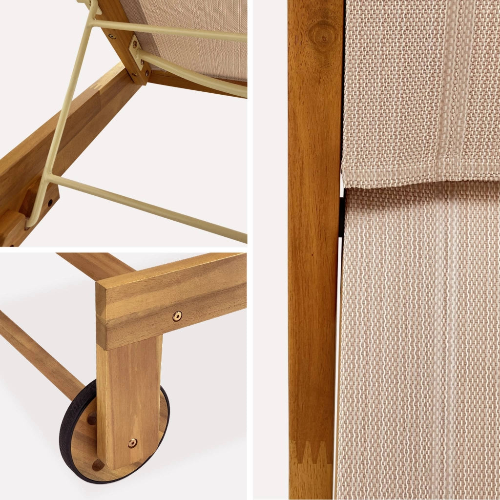 Set 2 lettini prendisole in legno multiposizione con ruote, beige