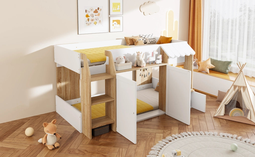 DESMIU Letto a soppalco per bambini 1 posto con scala larga, vano contenitore e ripiani 90 × 200 cm, senza materasso