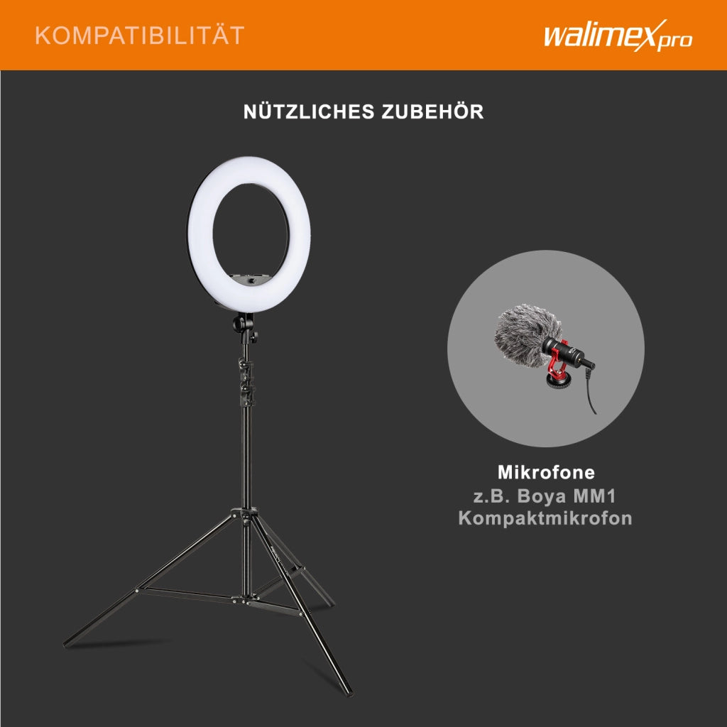 Ring light a LED Rainbow RGB da 60 W con cavalletto fotografico e 2 batterie, Luce ad anello per foto e video con supporto smartphone e controllo tramite app